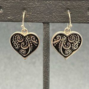 Heart Dangle Pierced Earrings Antiqued Scroll Silver Valentine Soft Girl Retro